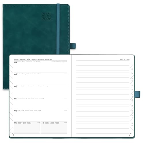 POPRUN Kalender 2025 2026 Buchkalender Notizbuch (Aug.2025-Dez.2026), ca. A5 (22 x 16,5 cm), Terminplaner, Wochenplaner Softcover mit PU-Leder, Zertifiziertem Papier - Petrolgrün