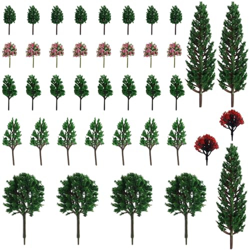 AMANDELIZABE 40 Stück Modellbau Bäume (3-13 cm), Diorama, Miniatur Deko, Modellbau Zubehö, Feengarten Zubehör, Waldtiere, Geburtstag Deko, Kunstbaum, Wegweiser Holz
