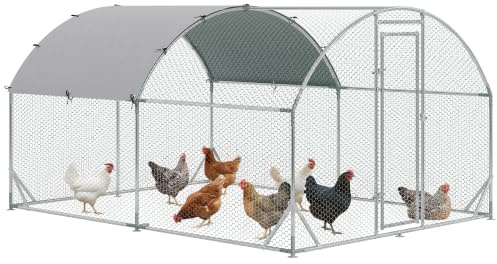 PawHut Hühnerstall Freilaufgehege aus Stahl 280 x 380 x 197 cm Silber | Hühnerkäfig mit UV-beständiger Abdeckung, Tür, für 6-12 Hühner, Kleintiere