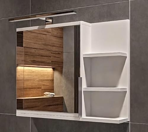 FreshYou Spiegelschrank 60x50 Weiß, Badezimmerschrank mit Ablagen, Badezimmerspiegel, Hängeschrank LED Lampe - Recht