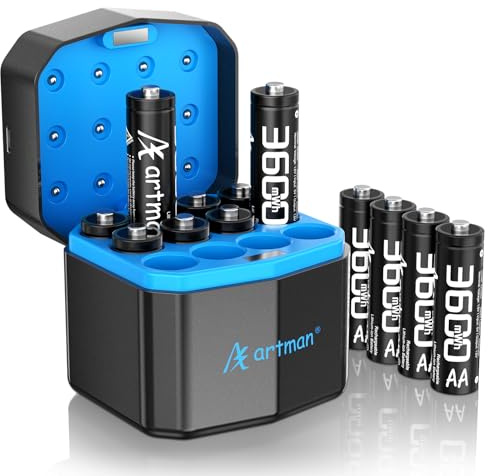 Artman Rechargeable Lithium AA Batteries 12 Pack with Storage Fast Charger, 3600mWh AA Lithium Batteries for Blink Outdoor Camera, 1.5V Constant Double A Battery Recharge up to 2000+ Cycles (Black)