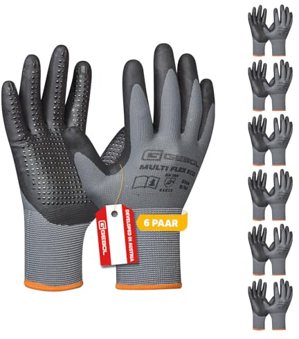Gebol Multi Flex Eco, 6 Paar Arbeitshandschuhe für Herren mit Noppen aus Nitril-Mikroschaum, Atmungsaktive Handschuhe für Montage & Werkstatt, Antirutsch-Griff, L (Gr. 9)