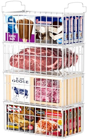Freezer Organizer Bins, 4 Pack Big Baskets for 5/ 7 Cu.FT Deep Freezer | Stackable Chest Freezer Organizer Bins, Foldable Baskets with Handles, White Storage Container Baskets for Sort Frozen Meats