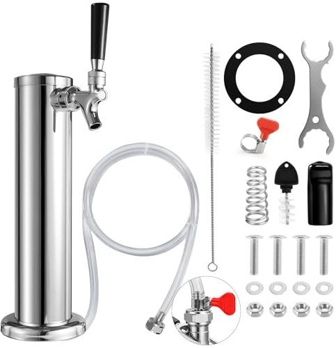 FZCXHONJ Draft Beer tap Tower Dispenser, Brass Single Beer Faucet Beer Tap 3 Self-Closing Faucet Shanks Stainless Steel Kegerator Tap Tower Kit with Pre-assembled Keg Line Beer Line Kit