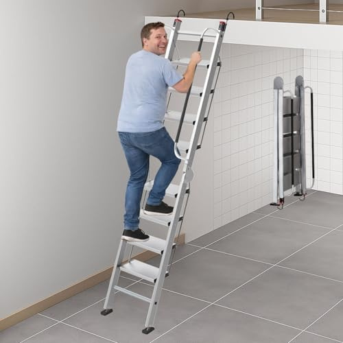 Foldable Loft Ladder with Handrails, Fits 6-7.2ft High, Heavy Duty Aluminum Attic Stair with Adjustable Anti-Slip Pedal, 8 Step Garage Ladders for Small Opening, Load 330 lbs