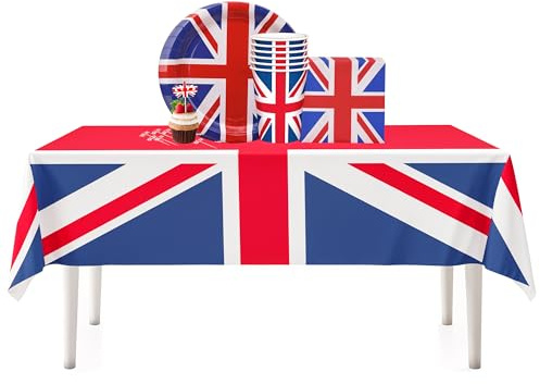 Trimming Shop Union Jack Party Tableware Set – UK flag Table Cover, UK Flag Round Plates, Cups, Napkins, Flag Picks Decor for VE Day, Royal Events, Sports Celebrations