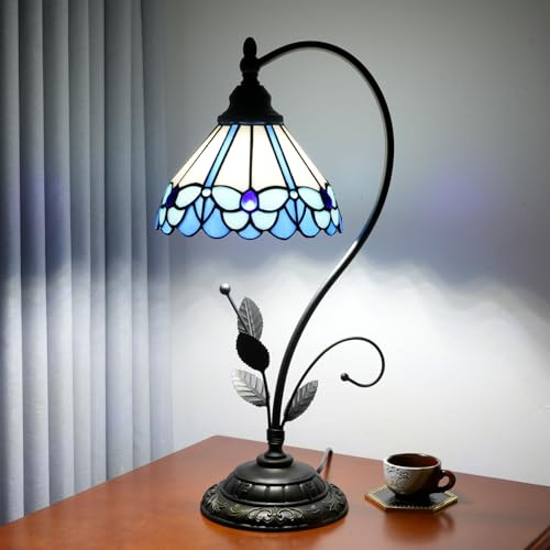Blivuself Tiffany Tischlampe Blau Schmetterling Buntglaslampe Tiffany Style S Leaves Vintage Schreibtischlampe für Nachttisch Wohnzimmer Büro Schlafsaal Esszimmer
