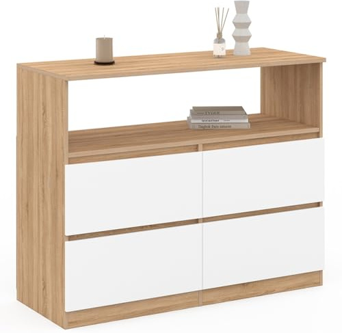 IDMarket TOMI - Cómoda 4 cajones 100 cm con nicho de haya y blanco