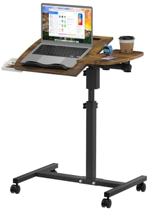 Ysgwsg Escritorio para Ordenador Regulable Altura, Mesa Auxiliar con Ruedas, Mesa Ordenador Portatil, Mesa Elevable con Portavasos, Utilizado para Dormitorio, Oficina en Casa. (marrón, 60x40cm)