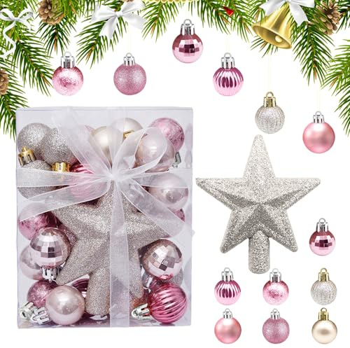 Bolas de Árbol de Navidad 30pcs Adornos de Bolas de Navidad Bolas de Navidad con Estrella Adornos de Árbol de Navidad Resistente para Colgar en Árbol de Interior Exterior y Mesa, Oro Rosa