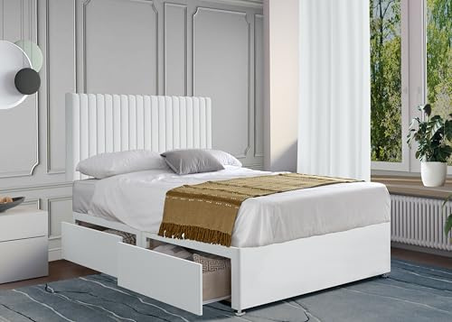 ComfoRest – Practical 3FT Single Divan Bed with Malia Headboard, Mattress Included and 2 Drawers – Supportive Frame | Bed & Mattress Sets | Built-In Drawer Feature (White Plush)