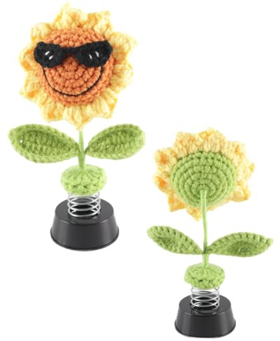 Ausi Auto-Innendekoration, Wackelkopffigur Zum Schütteln, Gehäkelte Sonnenblumen-Armaturenbrett-Dekoration, Sonnenbrille, Sonnenblumen-Dekoration