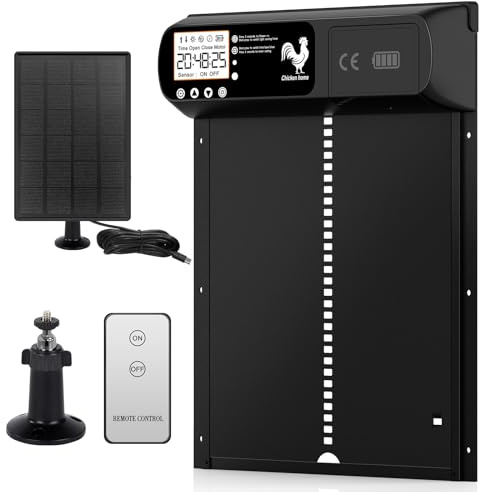 Yoarmyt Automatische Hühnerklappe Solar, Aluminum Hühnerklappe mit Timer, Lichtsensor, Manuelle, Wasserdicht LED Display, Fernbedienung, Auminum Solar Hühnerstalltür Intelligenter Einklemmschutz