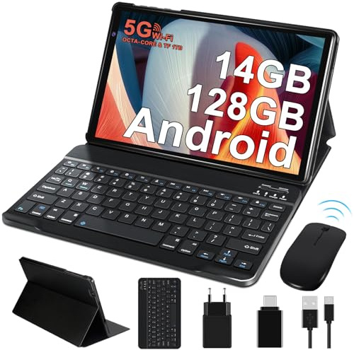 2026 Tablette Android Tablette 10 Pouces 128Go ROM (Extensible 2To),Gemini AI, Octa-Core 2.0 Ghz, WiFi 6/5G/2.4G, Widevine L1, 8000 mAh,1080P, 5+8MP, Bluetooth 5.0, Tactile, Clavier+Souris et Cas-Noir