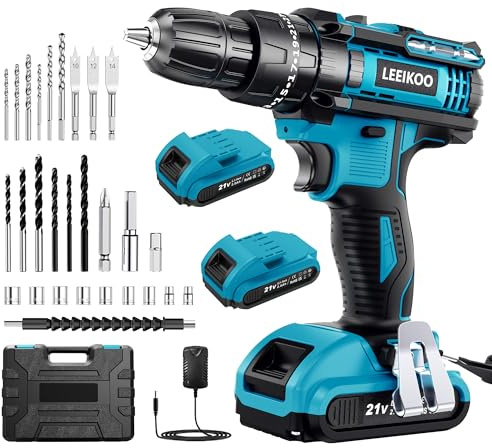 Perceuse Visseuse Sans Fil 21V, Visseuse Devisseuse avec 2 Batteries 2.0Ah, 42N.m Percussion, 25+3 Réglages de Couple, 30 Accessoires, 2 Vitesses, LED, pour Projet de Bricolage