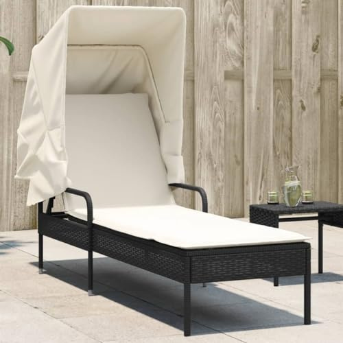 Frdhee Saunaliege Strandkorb,Sonnenliege mit Dach Schwarz Poly Rattan,Relaxstuhl für Balkon,Terrasse,Garten