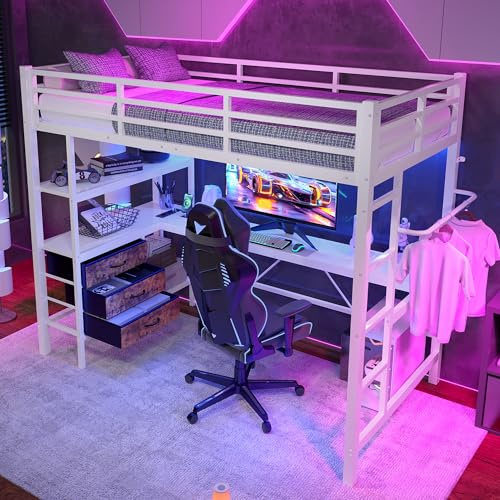 ZIDEY Hochbett Metall 90x200 mit LED & Steckdose & Schreibtisch, Metallbett Etagenbett mit Regale & 3 Schubladen, Stockbett, Bettgestell Spielbett, ohne Matratze, Weiß