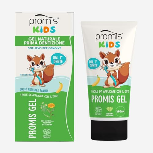 promis kids gel naturlig tandvård nyfödda, tandköttsavlastning med Aloe Vera, kamomill, ringblomma och hyaluronsyra, säker vid förtäring, banan, ekologisk och vegansk smak