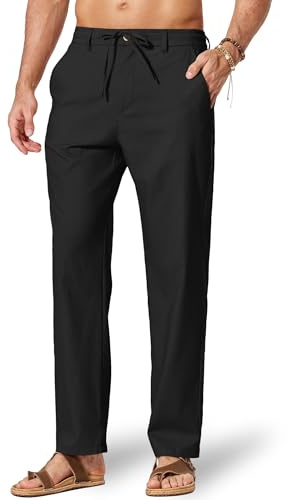 COOFANDY Pantaloni Uomo Cotone Lino Estivi Elastico Vita Coulisse Casual Leggeri Nero L