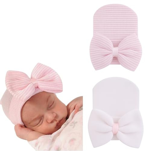SolyLuby Newborn Baby Girl Hats 2 Pcs Infant Striped Knitted Hospital Hat | Nursery Beanie Cap with Bow for 0-12 Months