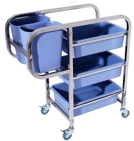 Carrito de servicio rodante de acero inoxidable resistente con bandejas de 3 niveles y contenedores de almacenamiento laterales, ruedas bloqueables para restaurante y uso comercial