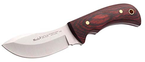 Muela Cuchillo SIOUX-10R hoja de acero ACX-380 de 10 cm y empuñadura de madera coral para Caza, Pesca, Supervivencia y Bushcraft Realizado en Ciudad Real + Portabotellas de regalo