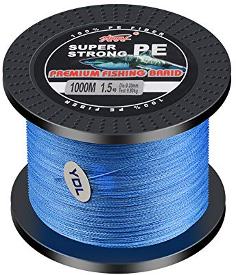 LSHEL Geflochtene Angelschnur 4 Stränge 1000m PE Super Starke Geflochtene Schnüre für Süßwasser Salzwasser, Blau, 4.0# 0.32mm/22.6kg/45lb