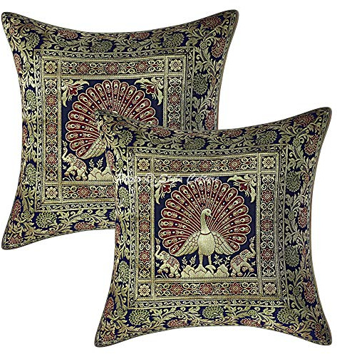 Stylo Culture Ethnicas Funda Almohadon Decorativos 40x40 cm Brocado De Seda Pavo Real Fundas para Almohadones Sofa Azul Marino Jacquard Cuadrado Cremallera Fundas Almohadones para Sillas - 2 Pcs