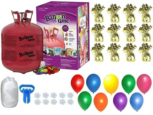 Helium Tank for Balloons At Home, 50 Balloons and White Ribbon, 12 Gold Balloon Weights, Plus Balloon Tying Tool