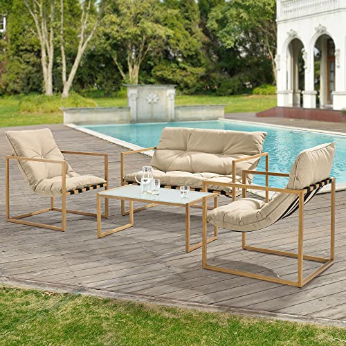 casa.pro Gartenmöbel Set 4-teilig Gartenset Gartengarnitur mit Polsterkissen Sitzgarnitur aus Sitzbank Sessel Couchtisch Outdoor-Möbel mit Stahlgestell Sitzgruppe Holz/Khaki