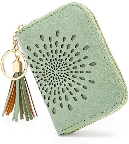 APHISON RFID Credit Card Holder Zipper Card Case Keychain Small Wallet for Women 1927 GREEN