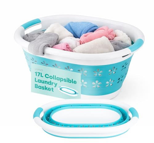 LIVIVO Collapsible Laundry Basket 17L - Foldable Laundry Basket with Handles, Space-Saving Pop Up Washing Basket - Multipurpose Laundry Hamper for Home, Dorms & Utility Rooms (Turquoise)