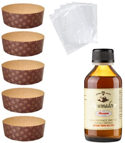 Pasticceria Fraccaro 1932 Kit Stampo per Panettone (5pz x 500 gr) | + Aroma per Dolci Fraccaro (1 x, Stampi di Carta di Pura Cellulosa ideale per l’uso in Forno, resistente al calore 200°C