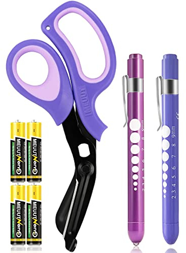 MEUUT 3 Pack Penlight y Médicos Tijeras Uno 8 Pulgadas Patentado Trauma Tijeras Dos LED Pen Luz con Cuatro Baterías Vendaje Tijeras para Enfermera, Primeros Auxilios, EMT, Doctor