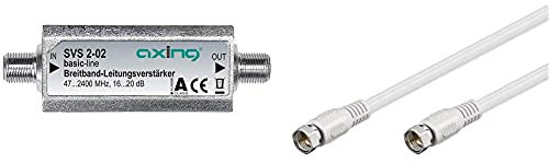Axing SVS 2-02 Amplificador de señal para Equipos por satélite (20 dB, 47-2400 MHz), Plateado + Goobay BKF Cable Conector de satélite (Conector F Macho a Conector F Macho, 0.5 m), Blanco