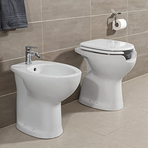 Inbagno Coppia Sanitari Bagno per disabili con Apertura Frontale, H. 48 cm, in Ceramica Bianca, Completa di copriwc Slim