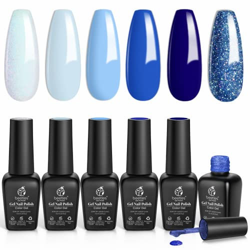 Beetles Zodiac Collection Gel Nail Polish Kit 6Pcs Aquarius Holy Water Collection Gel Polish Fashionable Baby Blue Navy Blue Shimmer Glitter Colors Nail Art Gift for Girls Women