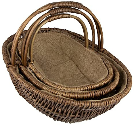 Wrenbury Wicker Basket With Handle - Gardening Trug Set of 3 - Traditional Gardeners Veg Flower Tool Carry Basket - Brown