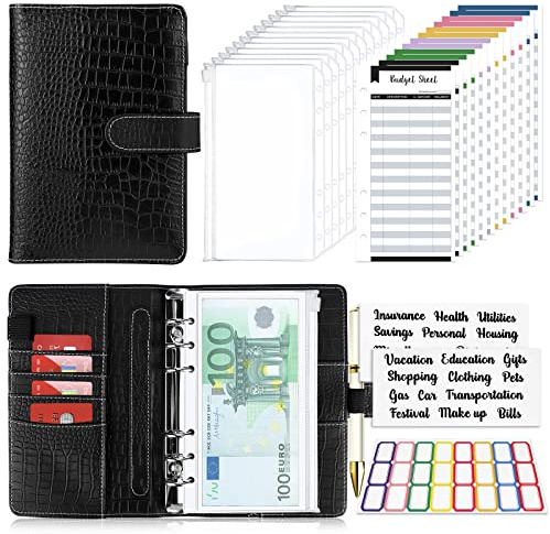 Budget Planner Budget Binder A6, Budgetplaner Geld Organizer mit Weiche Tasche, TAOPE Budget Binder Notizbuch A6 Cash Stuffing, Haushaltsbuch mit Geldfächer, Budget Planner Set Krokodilmuster Schwarz