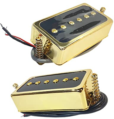LAMSAM P90 Tone Pickups Set, Humbucker-sized Single Coil Neck Pick-up and Bridge Pick Up Loaded Rubber Magnets, as Replacement Parts for Standard-Humbucker Sized Pickup on Electric Guitar, Black Gold