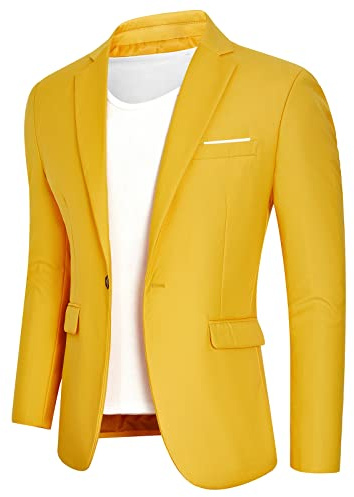 Giacca da uomo blazer casual con un bottone, slim fit, sportiva, elegante, Giallo, 54