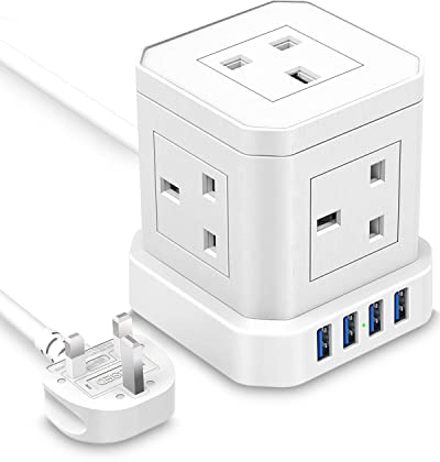 Tuare Cube Extension Lead with 4 USB Slots, 2M Extension Cable, 5 AC Ports, Surge Protected 13A 3250W, Multi 9-in-1 Power Cube for PC/Phone/Laptop/Speaker/TV, White
