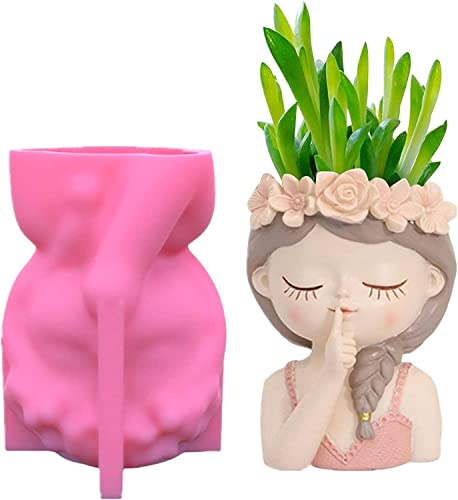 ARSBORUI Maceta de hormigón molde de fundición dulce cara de niña molde de silicona DIY creativo maceta de resina epoxi formas vela portalápices jarrón macetas forma niña estatua artesanía forma (D)