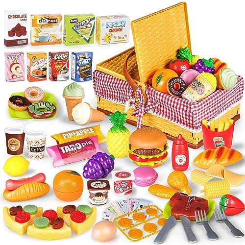 kramow Kinderküche Zubehör, Spielküche Zubehör mit Picknickkorb, Lebensmittel Spielzeug 103 Stück, Kinder Rollenspiele Geschenk für Mädchen Jungen 3+Jahre alt, LY8618