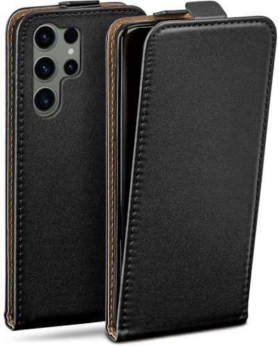 moex Flip Case für Samsung Galaxy S23 Ultra Hülle klappbar mit 360 Grad Schutz, Handyhülle mit Displayschutz, PU Leder Handytasche Lederhülle, Flip Case Cover Klapphülle, Schwarz
