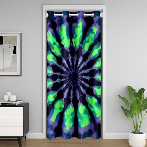 Batik-Türvorhang, Privatsphäre, Boho, Hippie, Batik, isoliert, Thermo-Vorhänge für Schlafzimmer, grün-blau, Trippy-Wirbel, Türabdeckung, Vorhang, Bett, Bohemian-Stil, , Eingangstürvorhang,