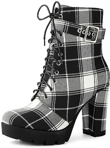 Perphy Women's Platform Lace Up Chunky Heel Plaid Combat Boots | Plaid lace-up ankle combat boots, Platform sole & chunky block heel, Adjustable buckle for punk street style