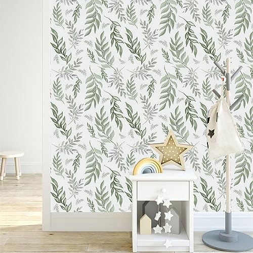 JOLIHOME Verde e Grigio Effetto Foglie Carta da Parati Autoadesiva Bianco Plastica Adesiva Film Vinilico Staccare e Attaccare Carta a Contatto Adesivo Murale Rimovibile Rotoli per Cucina 44,5x500cm