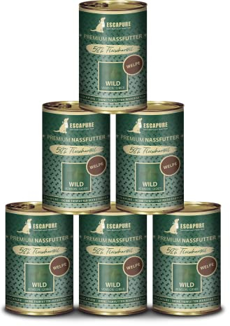 Escapure Hunde Nassfutter Dose | Welpen Wild & Hähnchen Dose 6 x 400g | Welpen Menü Wild & Hähnchen Dosen in Premium Qualität | mit Kartotten, Zucchini, Apfel, Banane und Eierschalenpulver | 6X 400g