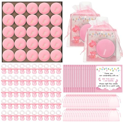 Ctosree 50 Sets Baby Shower Favors for Guests Include Cute Baby Pacifier, Tea Light Candles and Thank Tags Chiffon Bags with Drawstring for Birthday Gift Bulk Gender Reveal Party Supplies(Pink)